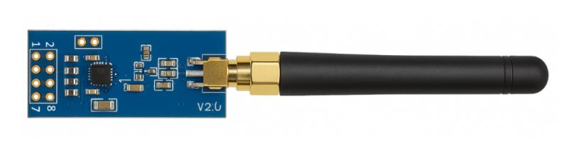 CC1101 RF module with black antenna and blue PCB