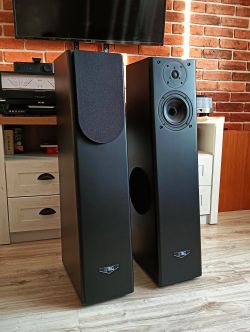 Dwie czarne kolumny głośnikowe TLC Classic 2 w pokoju z ceglaną ścianą.