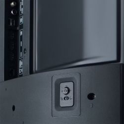 TV side panel with HDMI ports and power/mute control button visible