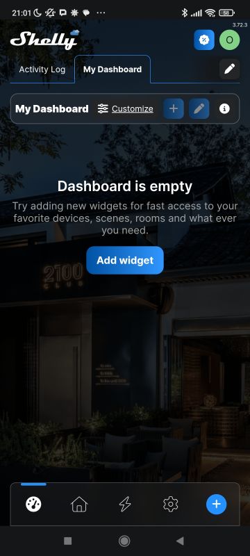Shelly app home screen showing an empty My Dashboard panel