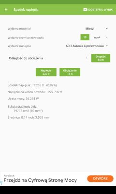 Zrzut ekranu z kalkulatora spadku napięcia dla kabla 4x10 mm² miedzianego