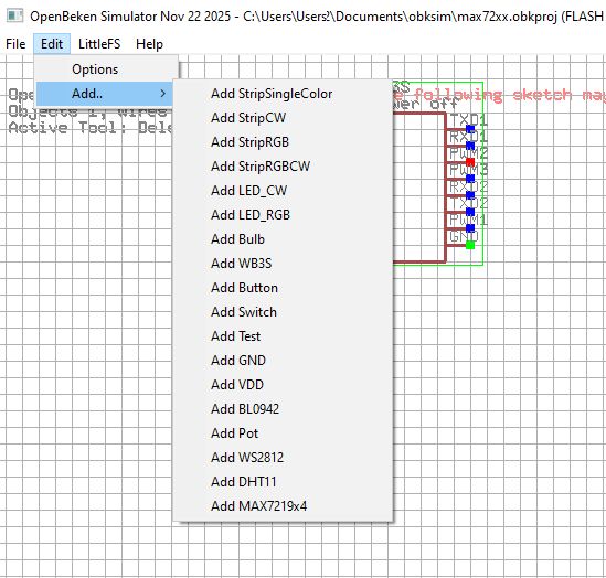 OpenBeken simulator add-menu listing components, including MAX7219x4 module