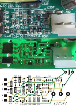 Płytka drukowana i schemat połączeń z elementami elektronicznymi.