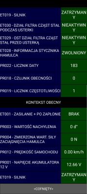 Zrzut ekranu z interfejsu diagnostycznego samochodu z danymi dotyczącymi hamulca ręcznego