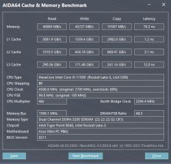 Zrzut ekranu z programu AIDA64 Cache & Memory Benchmark przedstawiający wyniki testu pamięci.
