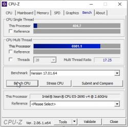 Zrzut ekranu z wynikami testu CPU w programie CPU-Z dla Intel Xeon E5-2690 v4 2.60GHz.