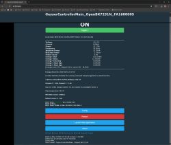 Browser screenshot of GeyserControllerMain dashboard showing ON status, power stats, and Config/Restart buttons