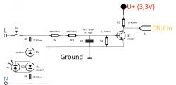 Diagram showing a circuit for detecting 230 V with components like diodes, resistors, and a transistor.