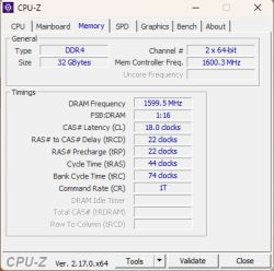 Zrzut ekranu z CPU-Z pokazujący parametry pamięci DDR4 32 GB