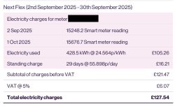 Faktura za prąd z września 2025: 428,5 kWh, łączna kwota £127,54 z VAT 5%