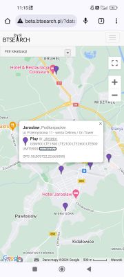Zrzut ekranu mapy z lokalizacjami BTS w Jarosławiu na stronie btsearch.pl.