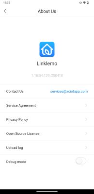 A mobile app screen showing Linklemo's about page with logo, contact info, and menu options.