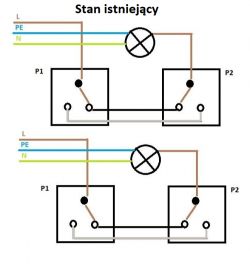 Schemat połączeń elektrycznych z dwoma przełącznikami do sterowania żarówką.