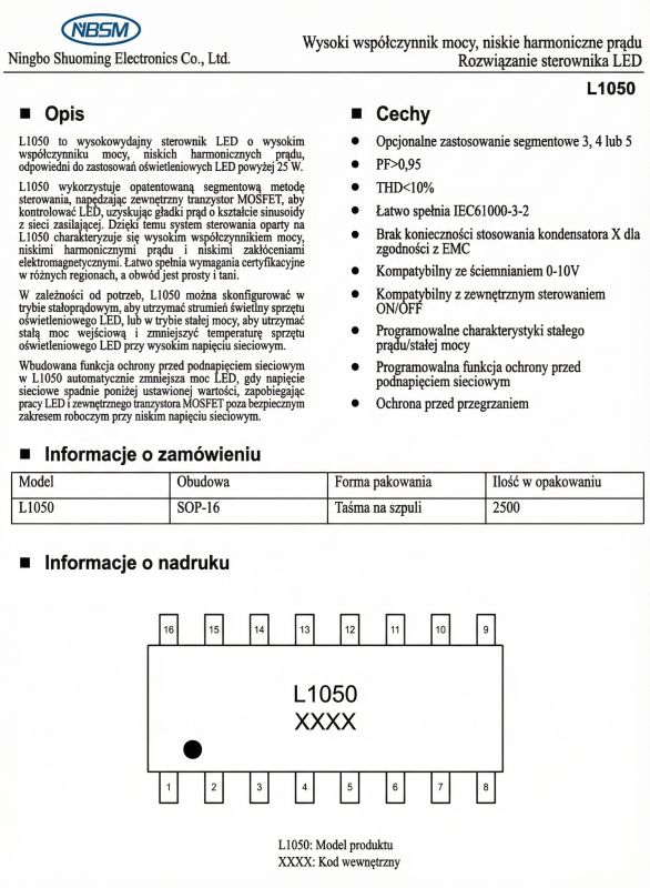 Diagram of L1050 IC with technical data and feature summary