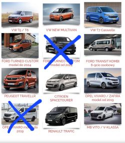 Zdjęcie różnych modeli mini vanów z oznaczeniami modeli i wyróżnionymi przekreśleniami.