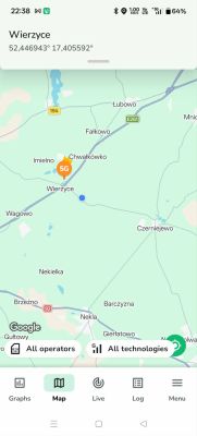 Zrzut ekranu z mapą Google okolic Wierzyc; znacznik 5G i niebieska kropka lokalizacji.