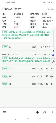 Zrzut ekranu z aplikacji pokazujący szczegółowe informacje o połączeniu LTE 4G w sieci Plus, pasmo 900 MHz oraz parametry sygnału i listę wykrytych stacji bazowych.
