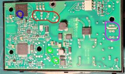 PCB with color-marked solder joints and components for inspection or repair