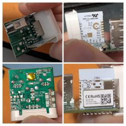 Electronic Module with Printed Circuit Board Four detailed photos of an electronic module showing PCB, USB connectors, and technical markings.