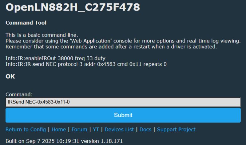 Device command tool interface OpenLN882H with IRSend command entered