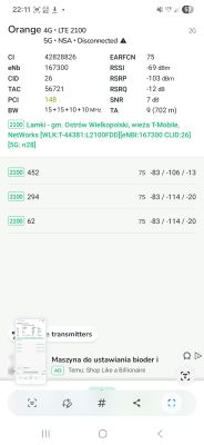 Zrzut ekranu pomiarów sygnału Orange LTE 2100 z informacjami o sile i jakości sygnału.