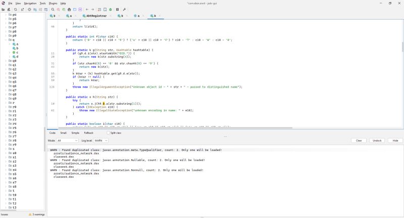 jadx-gui interface with decompiled Java code and warnings jadx-gui IDE showing decompiled Java code and class duplication warning messages