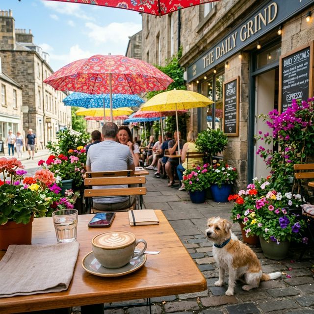 Street café terrace with colorful umbrellas, flowers, and a dog beside a table with coffee
