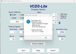 Zrzut ekranu z programu VCDS-Lite z otwartym oknem testu portu.
