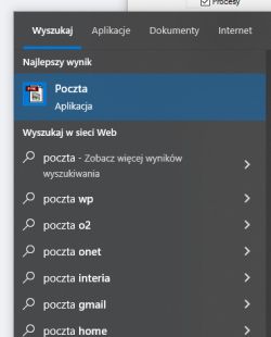Zrzut ekranu z wynikami wyszukiwania aplikacji Poczta w systemie Windows 10