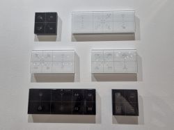 Wall-mounted touch panels in white and black with icons for home, rooms, and devices