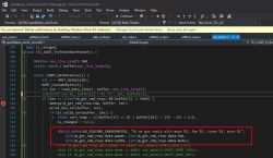 Screenshot of Microsoft Visual Studio with a C code file open, and a section of code highlighted with a red box.