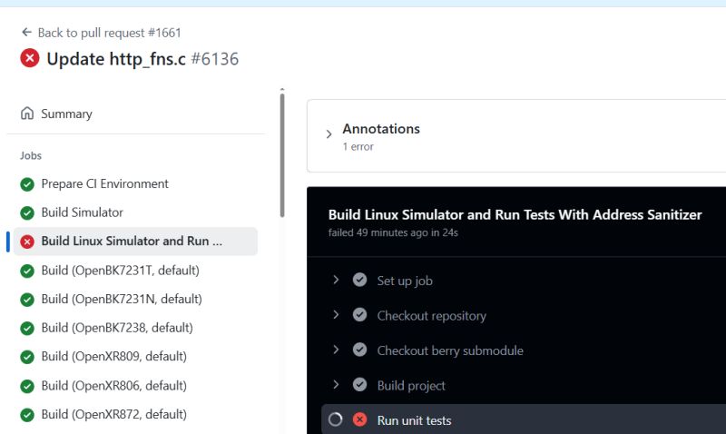 Zrzut ekranu z Github Actions pokazujący niepowodzenie kroku Build Linux Simulator and Run Tests With Address Sanitizer podczas testowania Pull Requesta dla pliku http_fns.c.