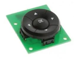 Button on a green circuit board with directional arrows and an OK button in the center.