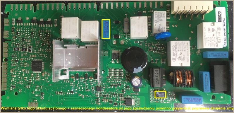 Elektroniczna płytka drukowana z wieloma komponentami i zaznaczonymi elementami.
