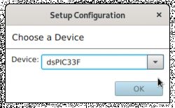 Screenshot of a configuration window selecting dsPIC33F device.