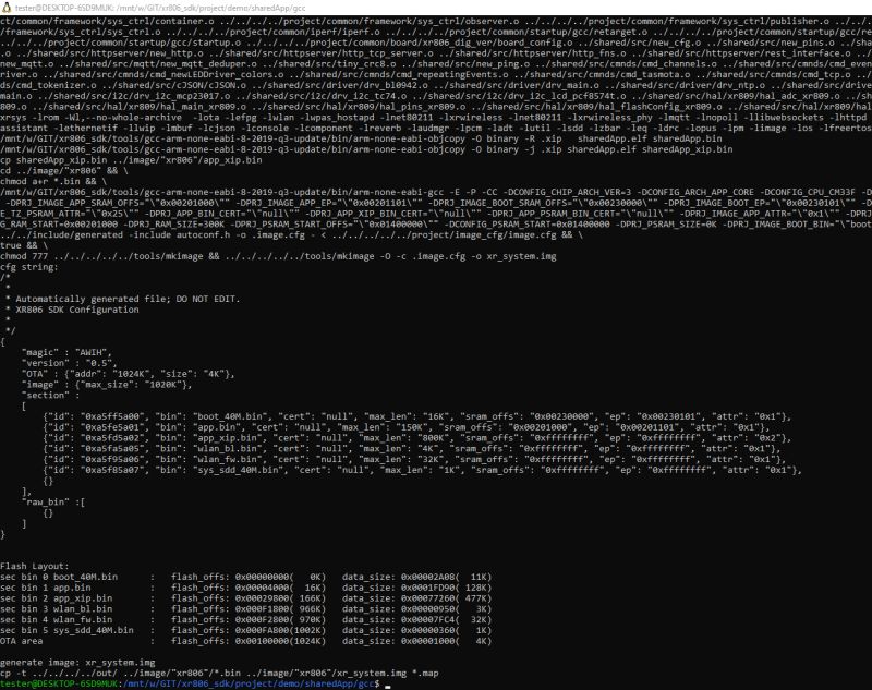 Screenshot of a terminal with code compilation and flash memory configuration for the XR806 project.