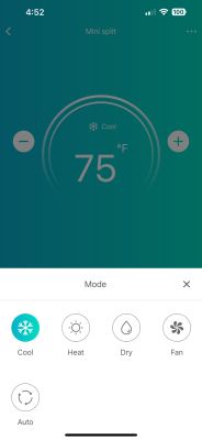 Air conditioner control app screen set to cooling mode, temperature 75°F.
