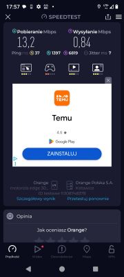Zrzut ekranu z aplikacji Speedtest z wynikami Orange: pobieranie 13,2 Mbps, wysyłanie 0,84 Mbps