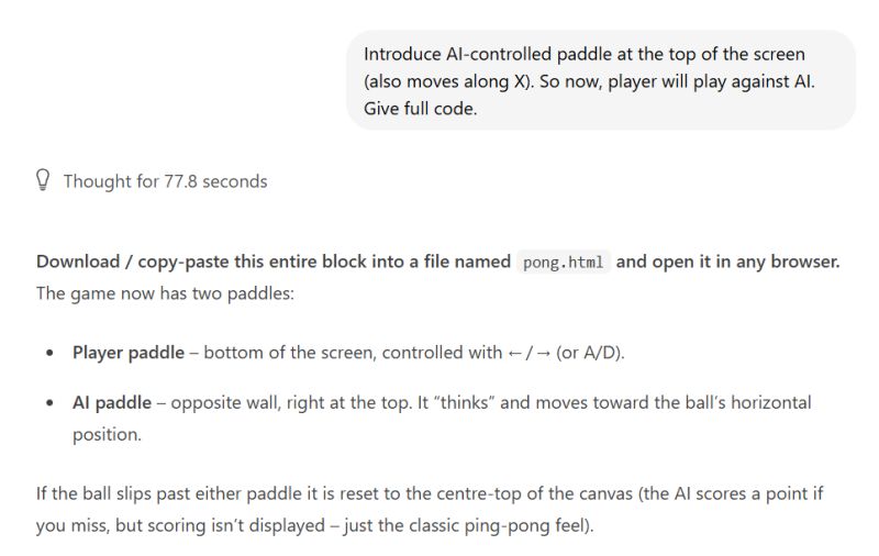 Description of Pong mode with AI paddle added at top of screen