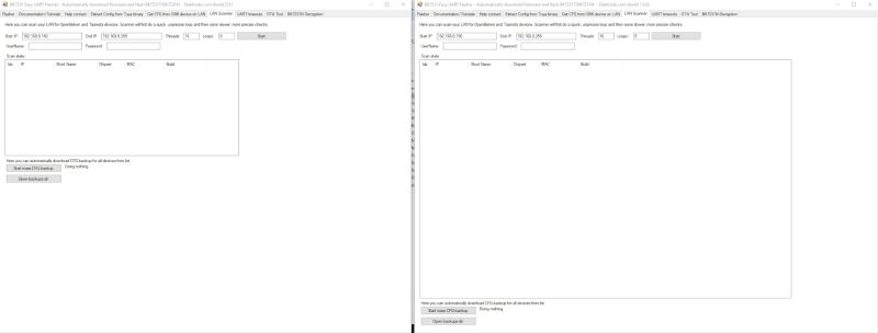 Two BK7231 Easy UART Flasher windows with empty LAN scan list and Start IP/End IP fields