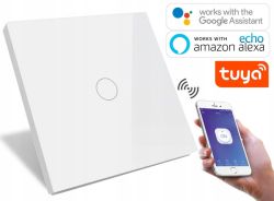 White smart touch light switch with Google Assistant, Alexa and Tuya logos; phone shows ON button