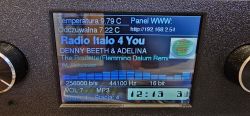 Audio device display showing “Radio Italo 4 You,” track details, and temperature readings.