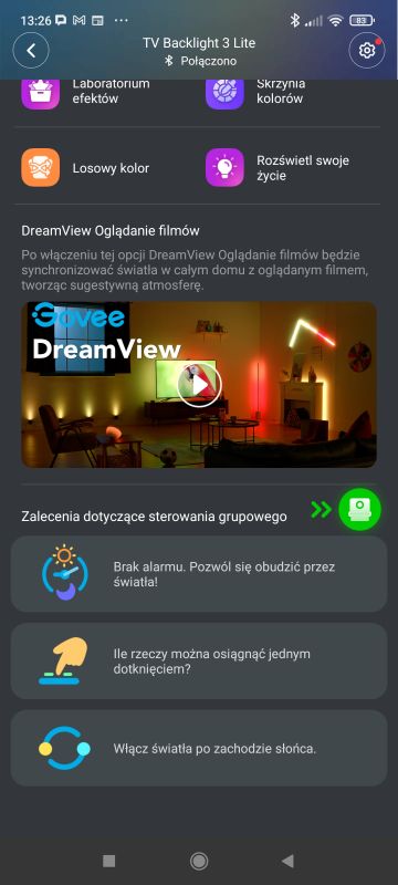 Govee app screen showing LED light control features and DreamView mode.