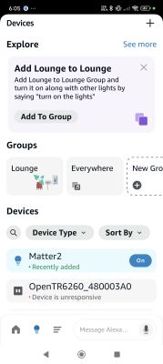 Smart home app screen showing list of device groups and devices.