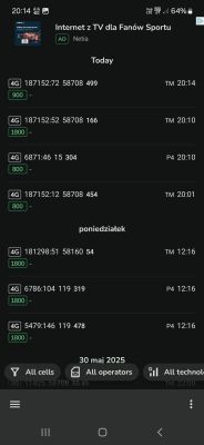 Zrzut ekranu z aplikacji NetMonster pokazujący wykryte sygnały 4G LTE od operatorów T-Mobile i Play, wraz z parametrami pasm i czasami pomiarów.