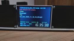 ESP32 device screen displaying information about a recorded MP3 file.
