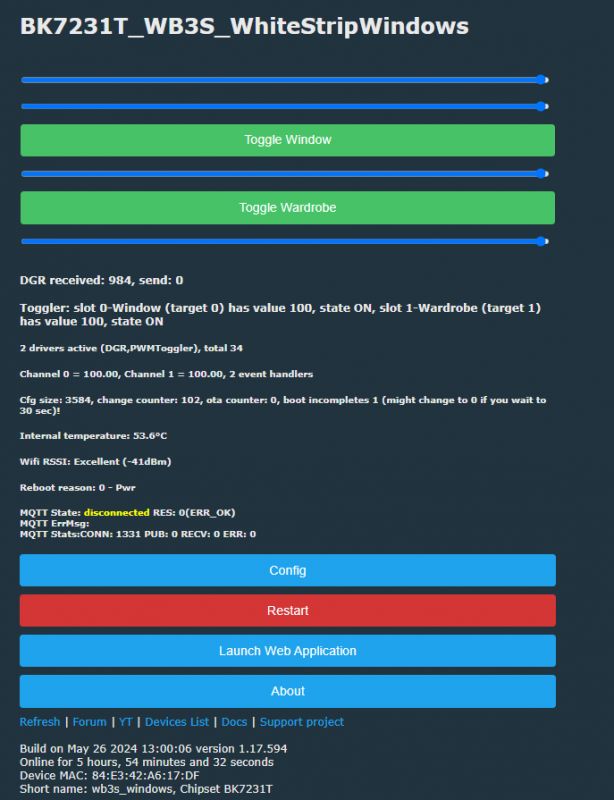 User interface for a lighting control system based on the BK7231T chip with two adjustment sliders.
