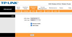 Panel konfiguracyjny routera TP-LINK, zakładka Advanced Setup, sekcja ADSL z ustawieniami trybu i typu ADSL oraz opcjami Bitswap i SRA.