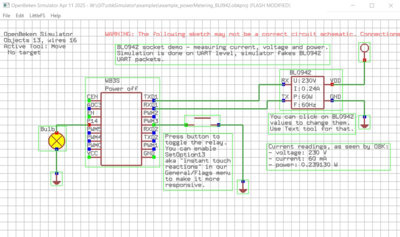 Circuit Simulation in OpenBeken Simulator Screenshot of OpenBeken Simulator showing a circuit schematic with voltage, current, and power measurements.