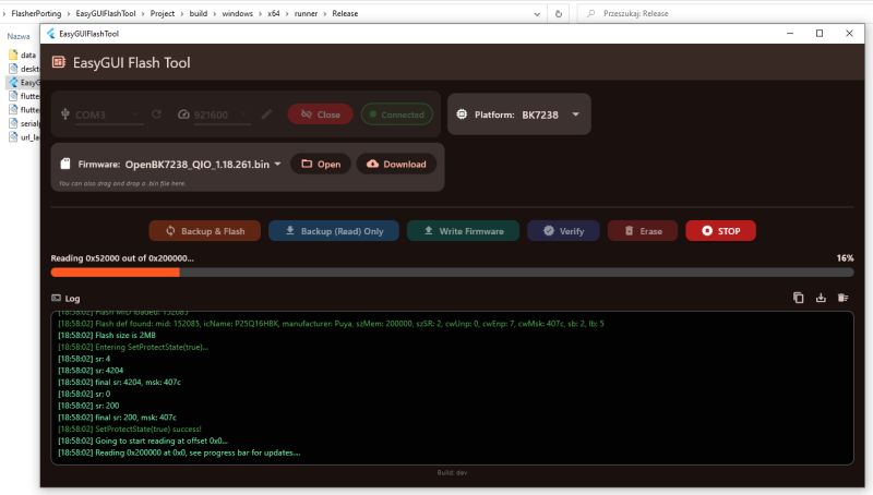 Screenshot of EasyGUI Flash Tool showing BK7238 connected and flash read progress bar.